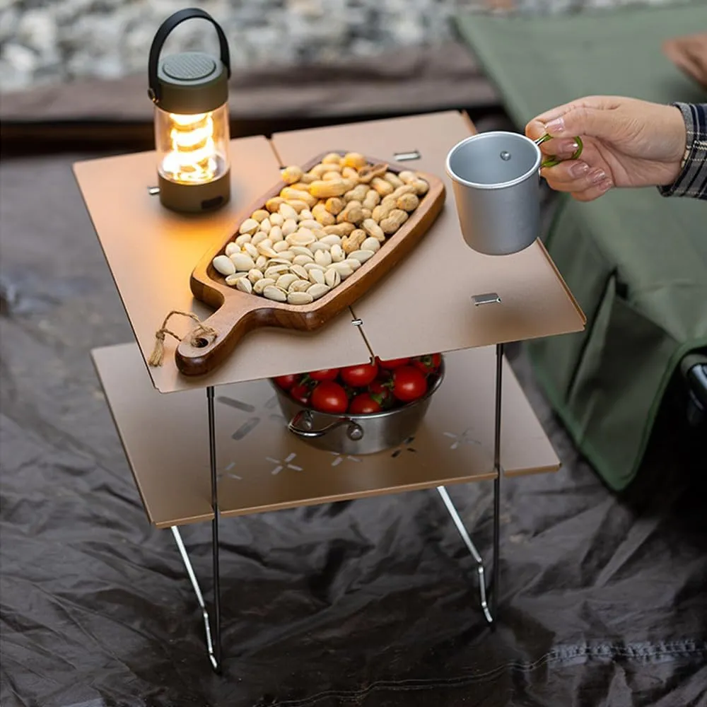 2-Tier Mini Compact Camping Table Ultralight Folding Table for Backpacking Camp Hiking Beach Picnic BBQ (Khaki)
