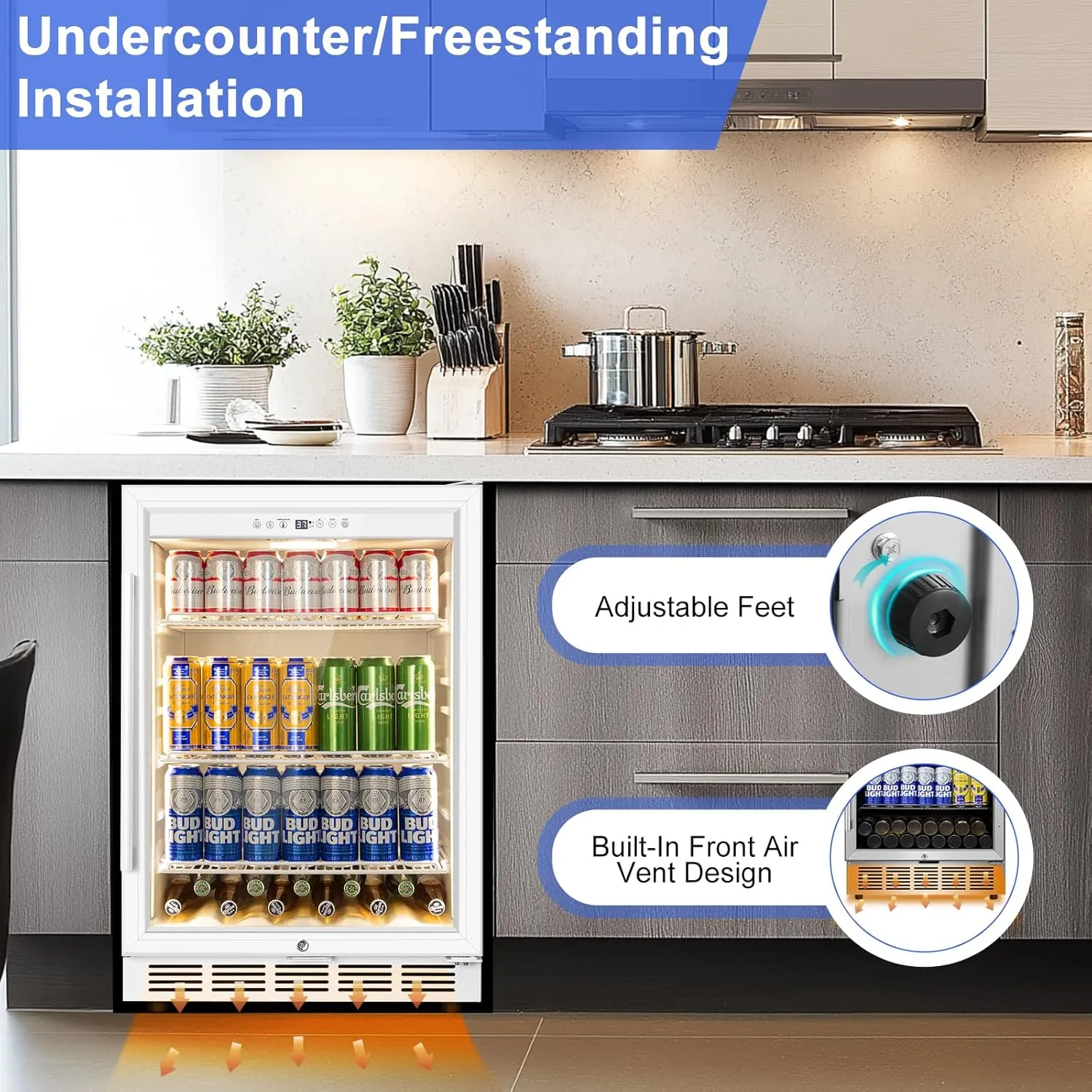 24 Inch Beverage Refrigerator, Undercounter Beverage Fridge, 200 Cans, Glass Door, Reversible Door, Temperature Control, Safety Lock, White, 4.9 Cubic Feet