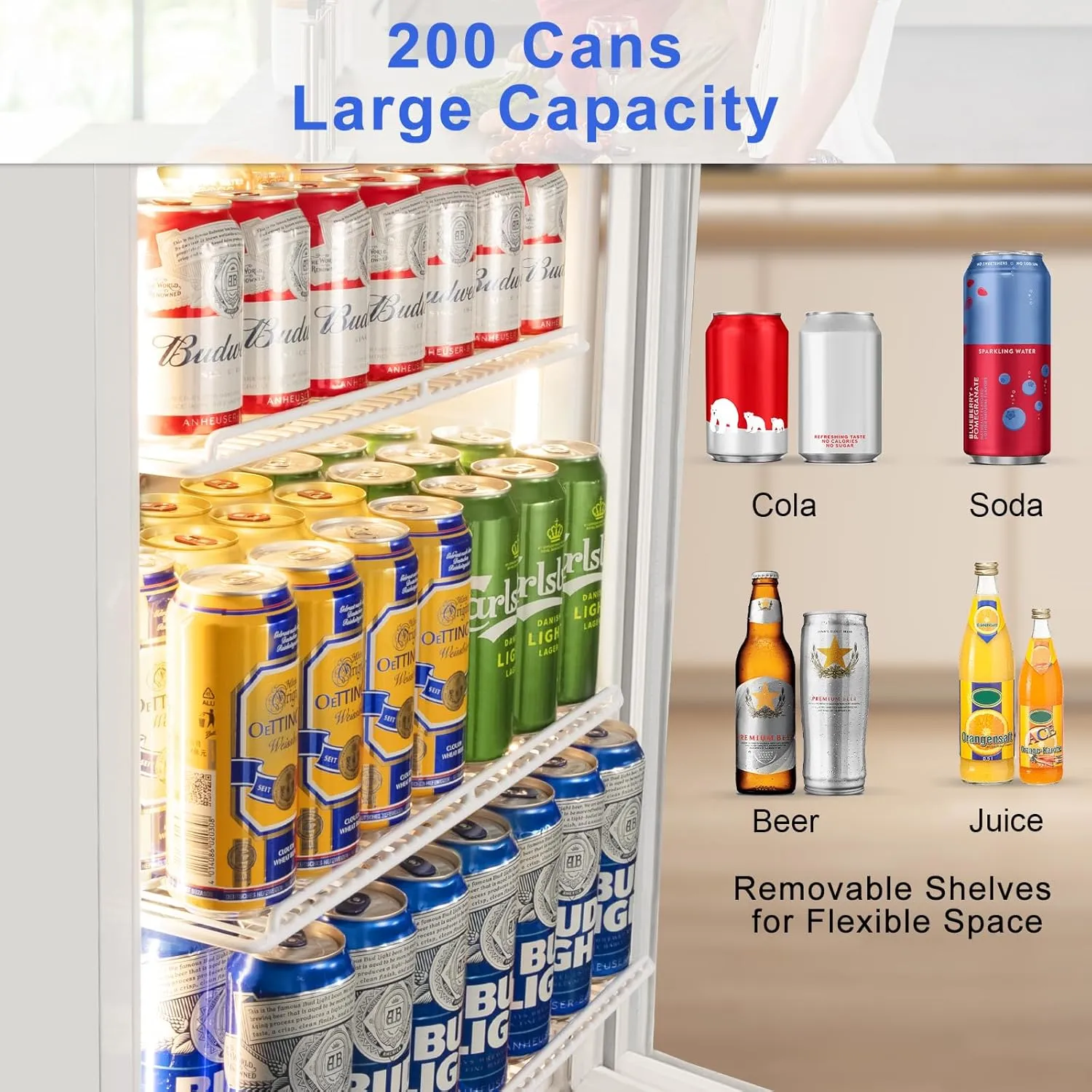24 Inch Beverage Refrigerator, Undercounter Beverage Fridge, 200 Cans, Glass Door, Reversible Door, Temperature Control, Safety Lock, White, 4.9 Cubic Feet