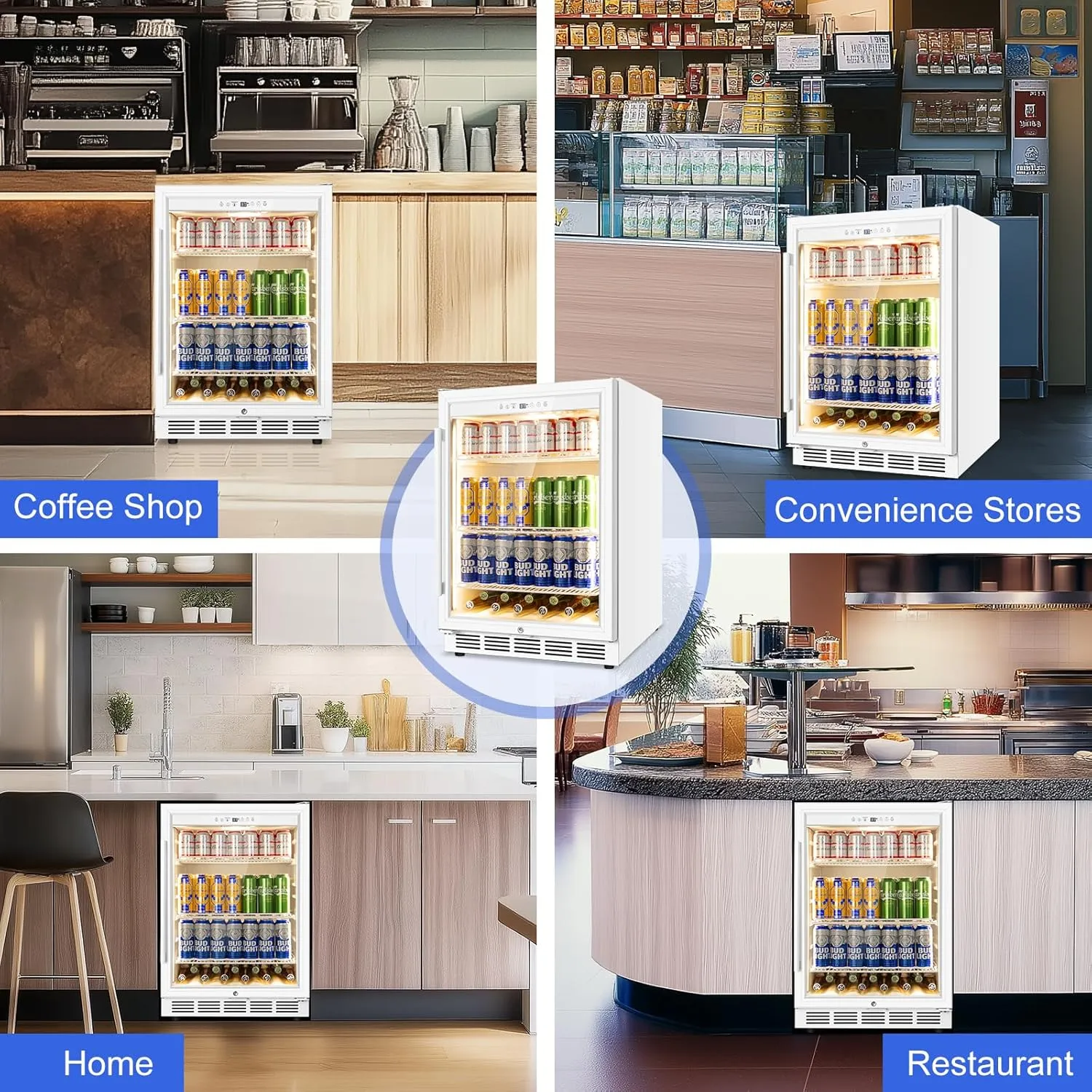 24 Inch Beverage Refrigerator, Undercounter Beverage Fridge, 200 Cans, Glass Door, Reversible Door, Temperature Control, Safety Lock, White, 4.9 Cubic Feet