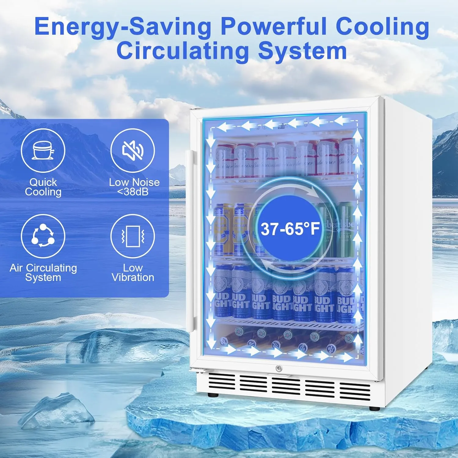 24 Inch Beverage Refrigerator, Undercounter Beverage Fridge, 200 Cans, Glass Door, Reversible Door, Temperature Control, Safety Lock, White, 4.9 Cubic Feet