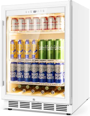 24 Inch Beverage Refrigerator, Undercounter Beverage Fridge, 200 Cans, Glass Door, Reversible Door, Temperature Control, Safety Lock, White, 4.9 Cubic Feet