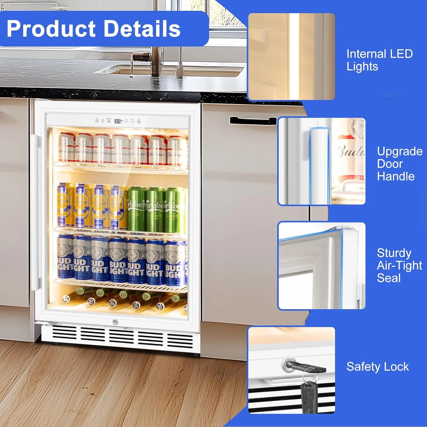 24 Inch Beverage Refrigerator, Undercounter Beverage Fridge, 200 Cans, Glass Door, Reversible Door, Temperature Control, Safety Lock, White, 4.9 Cubic Feet
