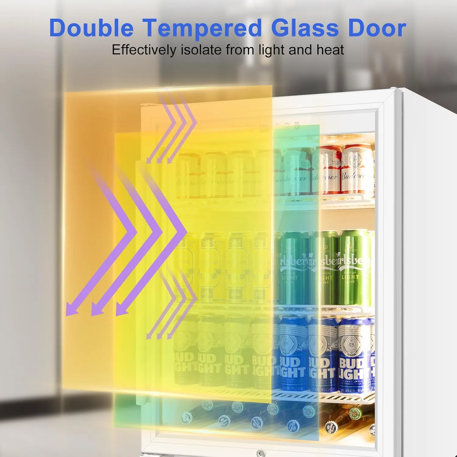 24 Inch Beverage Refrigerator, Undercounter Beverage Fridge, 200 Cans, Glass Door, Reversible Door, Temperature Control, Safety Lock, White, 4.9 Cubic Feet