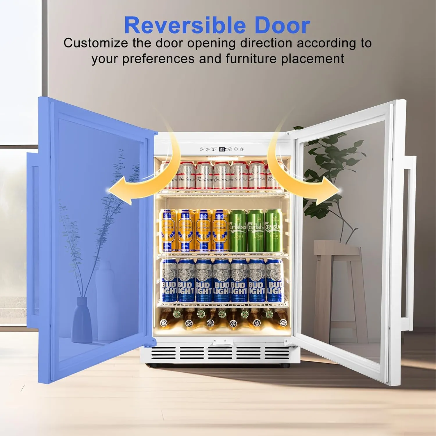 24 Inch Beverage Refrigerator, Undercounter Beverage Fridge, 200 Cans, Glass Door, Reversible Door, Temperature Control, Safety Lock, White, 4.9 Cubic Feet