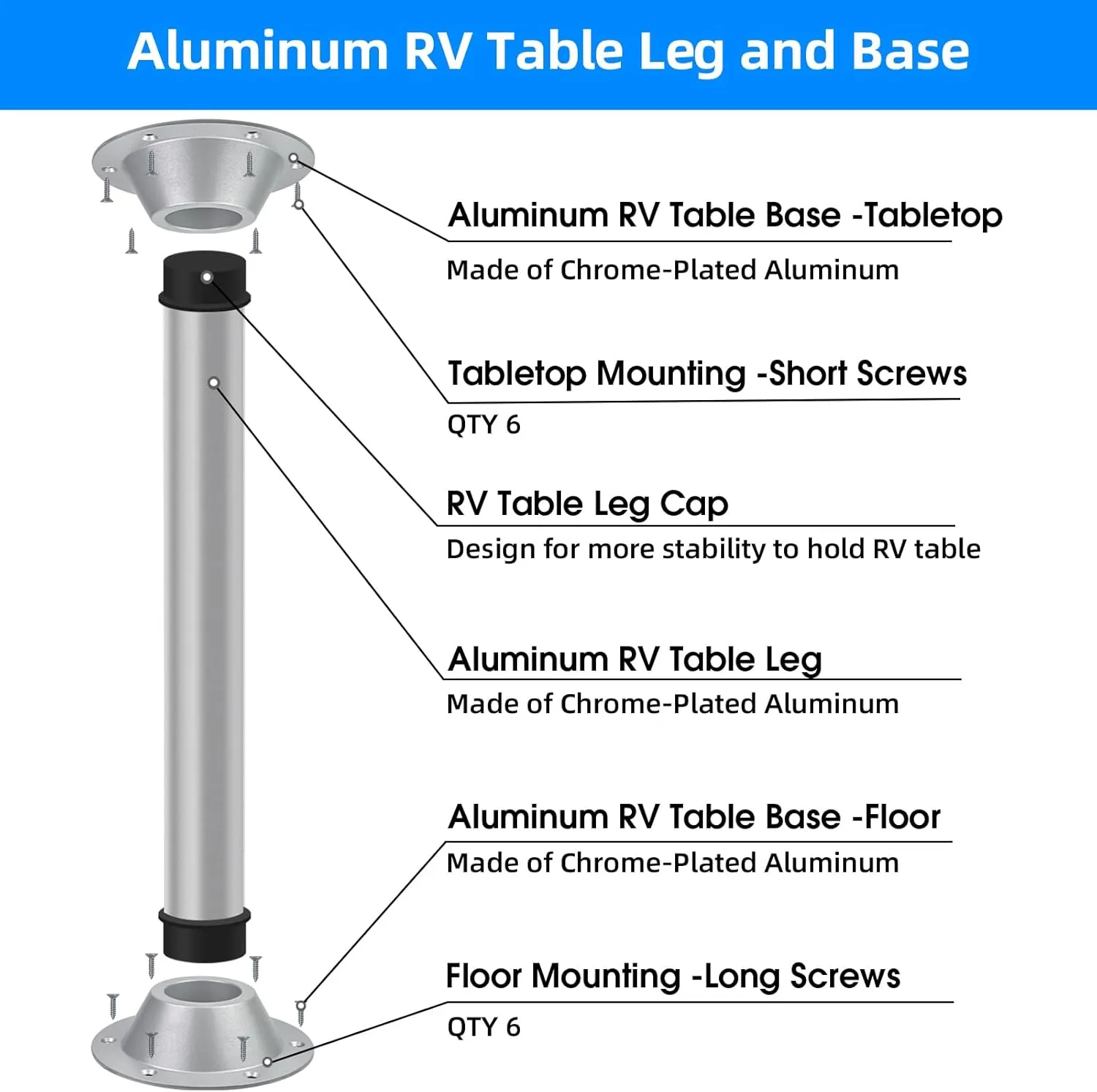 27" RV Table Base Mount and RV Table Leg, Camper Tables Base Mount,Aluminum Dinette Tables Legs Pipe with Surface Mount pedestal Bases Flange for Camper Trailer Motorhome, Includes Mounting Screws