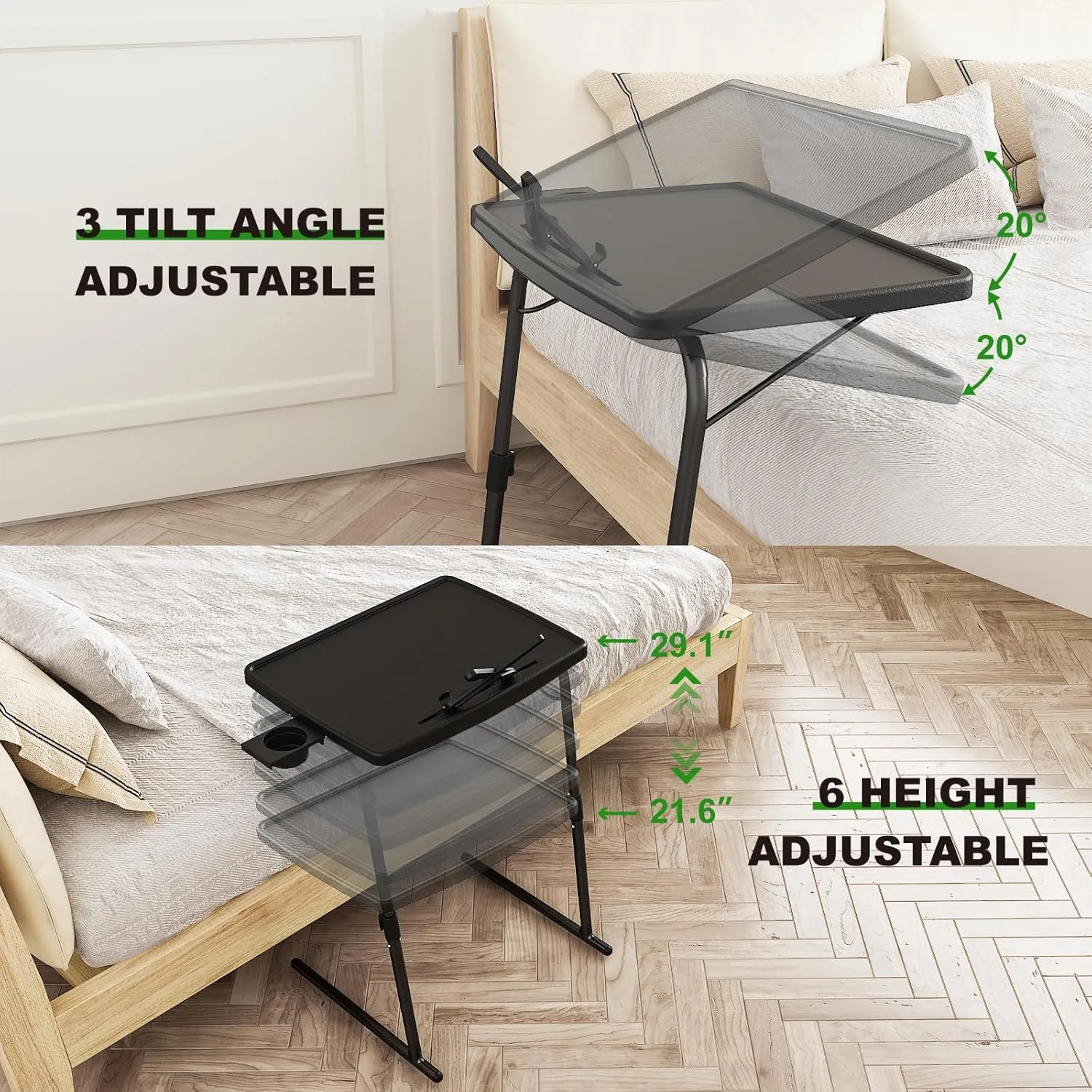 2PK TV Tray Table with Cup Holder, Max Folding TV Dinner Tray w/6 Height & 3 Tilt Angle, Adjustable TV Trays for Eating on Couch, Large Foldable Laptop Table, 16.9 x 22 x 29.1inch, 110lbs