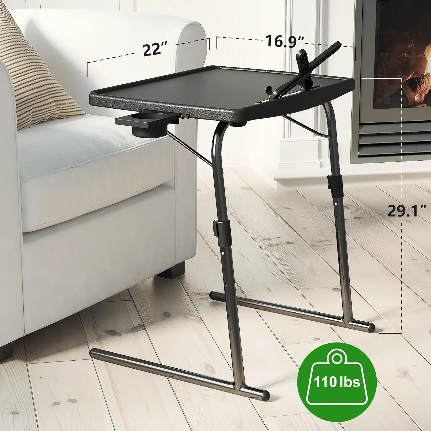 2PK TV Tray Table with Cup Holder, Max Folding TV Dinner Tray w/6 Height & 3 Tilt Angle, Adjustable TV Trays for Eating on Couch, Large Foldable Laptop Table, 16.9 x 22 x 29.1inch, 110lbs