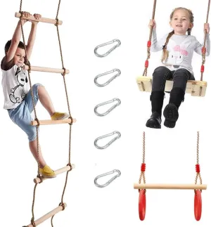 3 Pcs Gym Swing Set Includes Wooden Swing, Trapeze Bar with Rings & Climbing Rope Ladder for Kids, Indoor/Outdoor Play Equipment Combo Toy Gift with Hanging Hooks