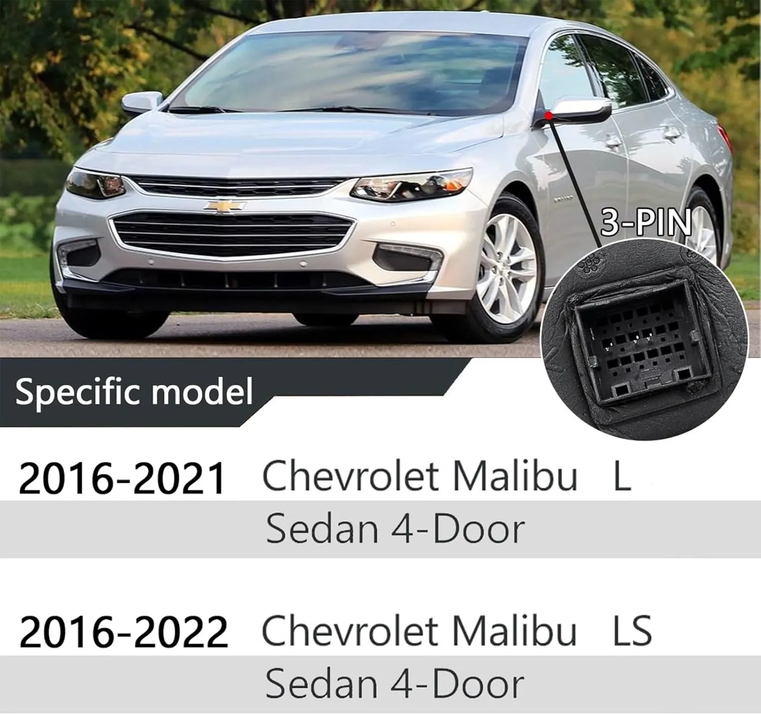 3-Pin Right Passenger Side Door Mirror Fit For 2016-2022 Chevy Malibu L & LS Models Without Turn Signal Light, Non-Heated, Replace# GM1321538 84288099