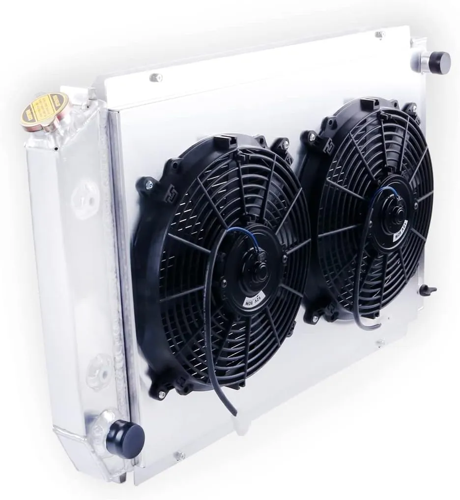 3 Rows Full Aluminum Radiator with Shroud Fan (2X12 Inches Dia.) for 1980-1993 1992 1986 Ford Mustang Fairmont Granada Thunderbird Mercury, 1982-1992 Lincoln Continental Mark Radiator CU55
