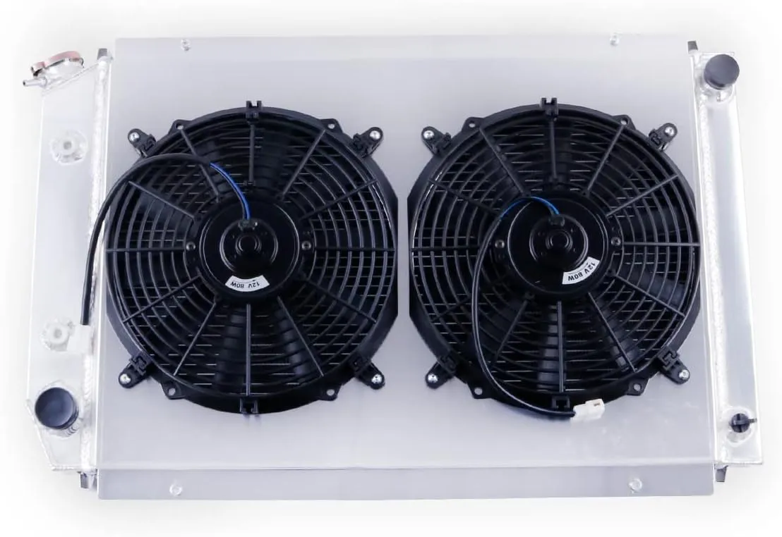 3 Rows Full Aluminum Radiator with Shroud Fan (2X12 Inches Dia.) for 1980-1993 1992 1986 Ford Mustang Fairmont Granada Thunderbird Mercury, 1982-1992 Lincoln Continental Mark Radiator CU55