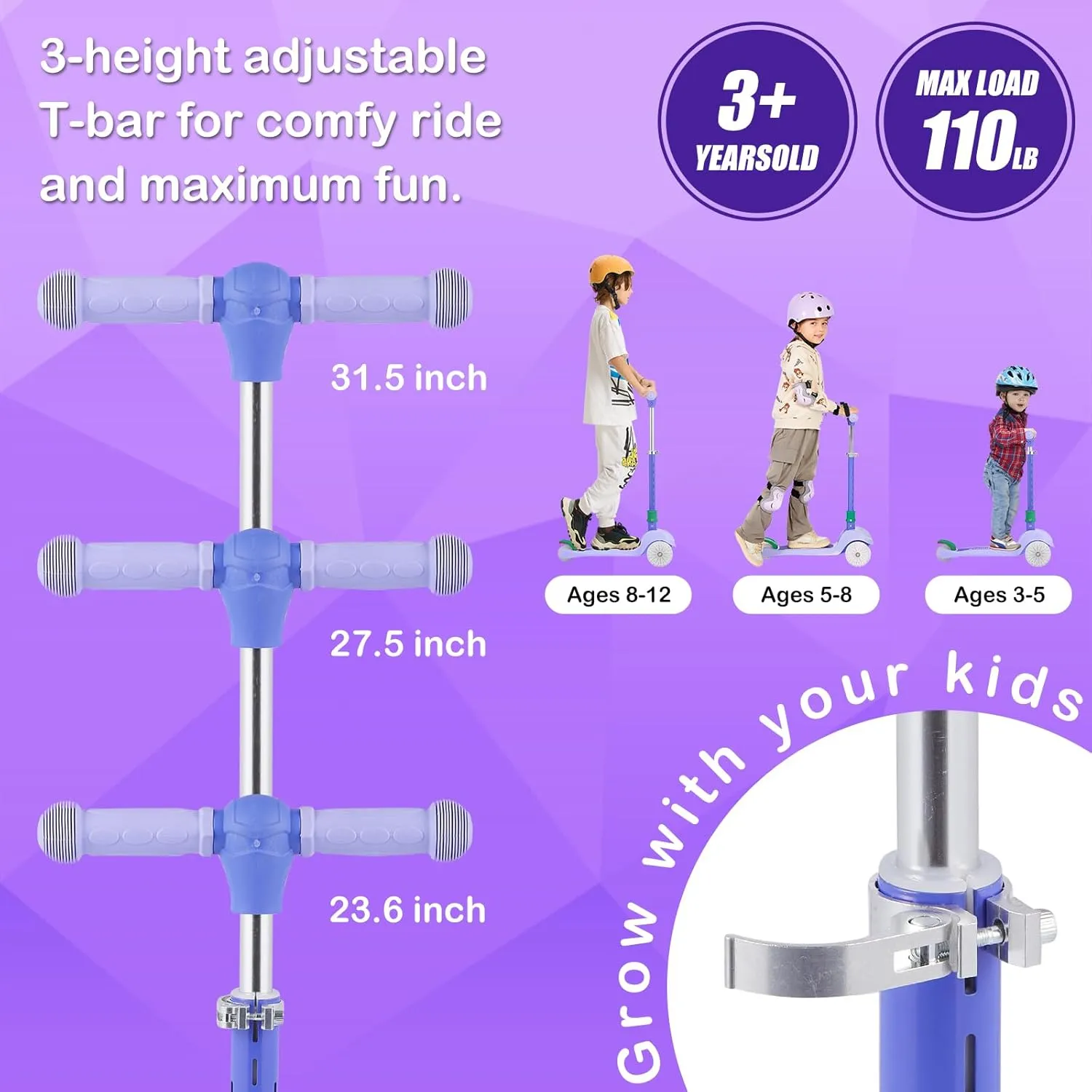 3-Wheel Light-Up Kids Scooter, 20 Different Light Patterns,Three Adjustable Heights,Lean to Steer, Balance Scooter for Ages 3-8