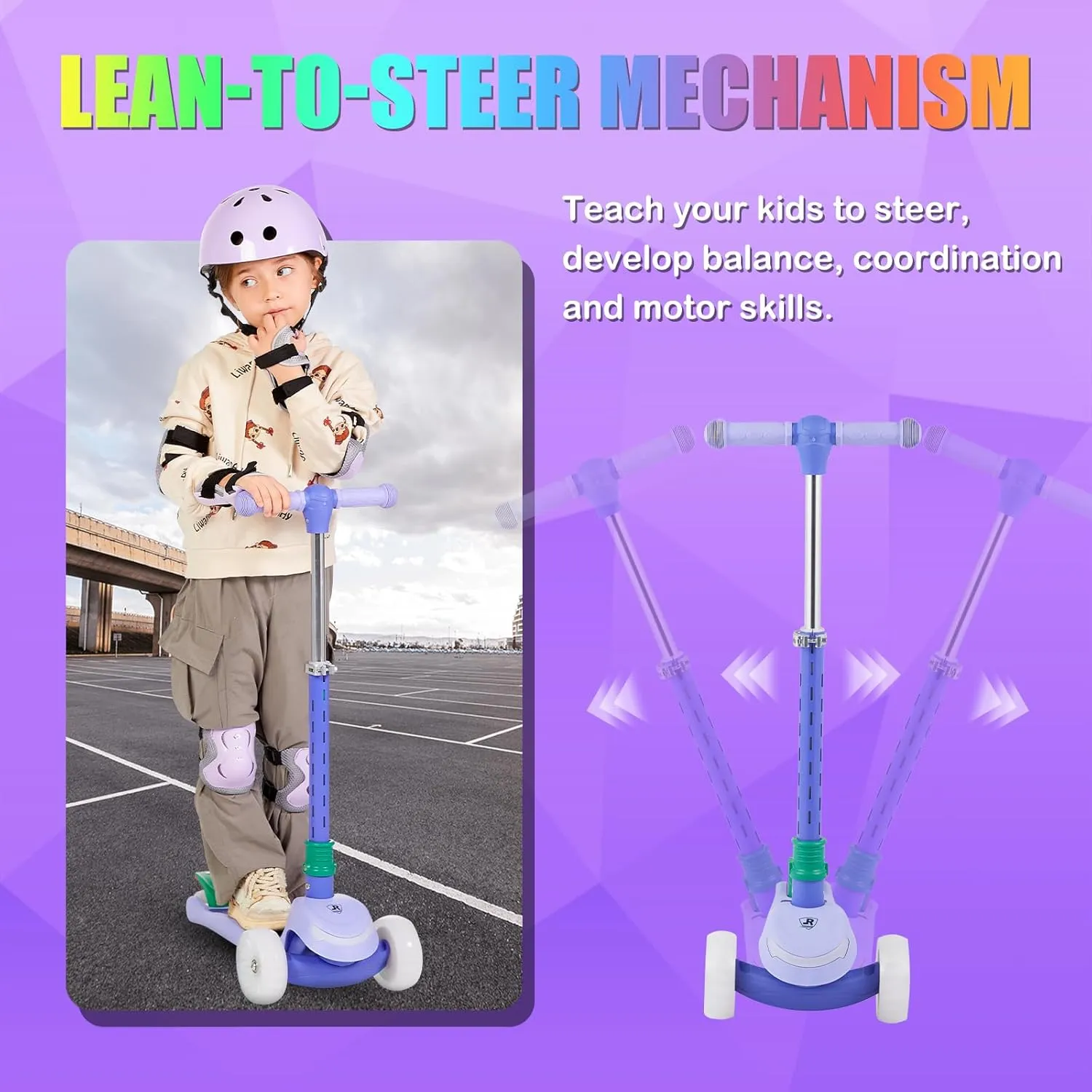 3-Wheel Light-Up Kids Scooter, 20 Different Light Patterns,Three Adjustable Heights,Lean to Steer, Balance Scooter for Ages 3-8