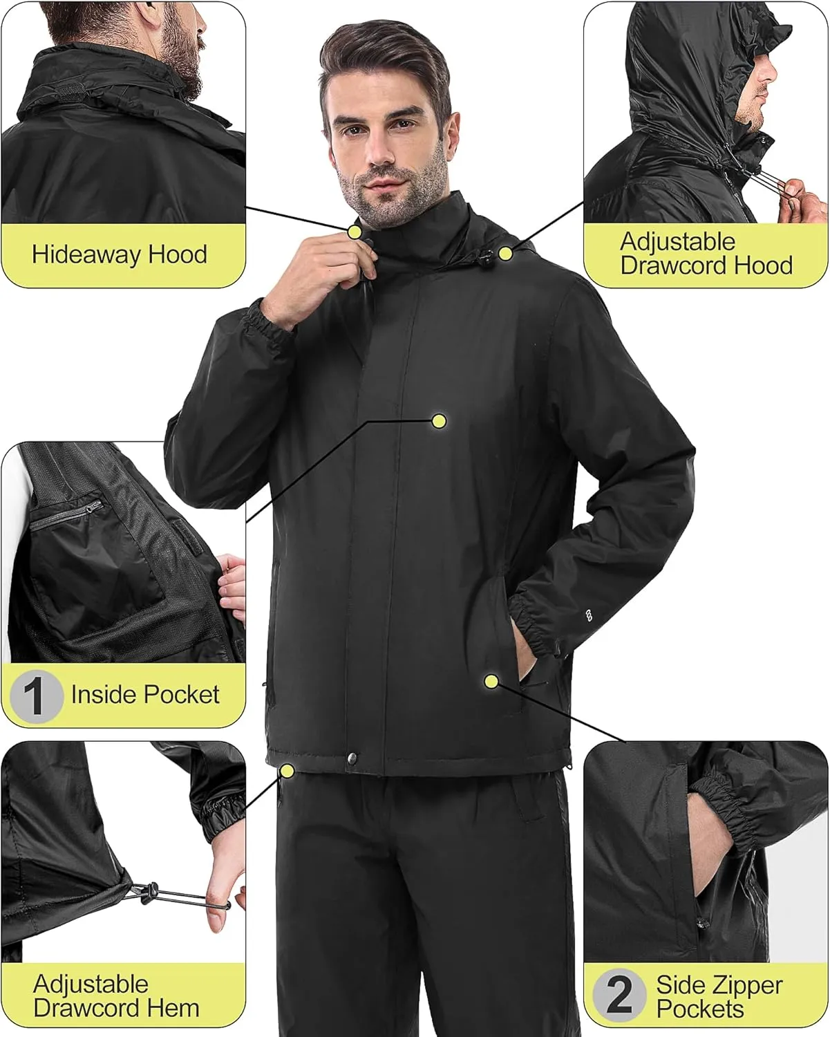 33,000ft Men's Rain Suit Packable Waterproof Lightweight Rain Gear for Golf Hiking Cycling 2 Pieces (Jackets and Pants)