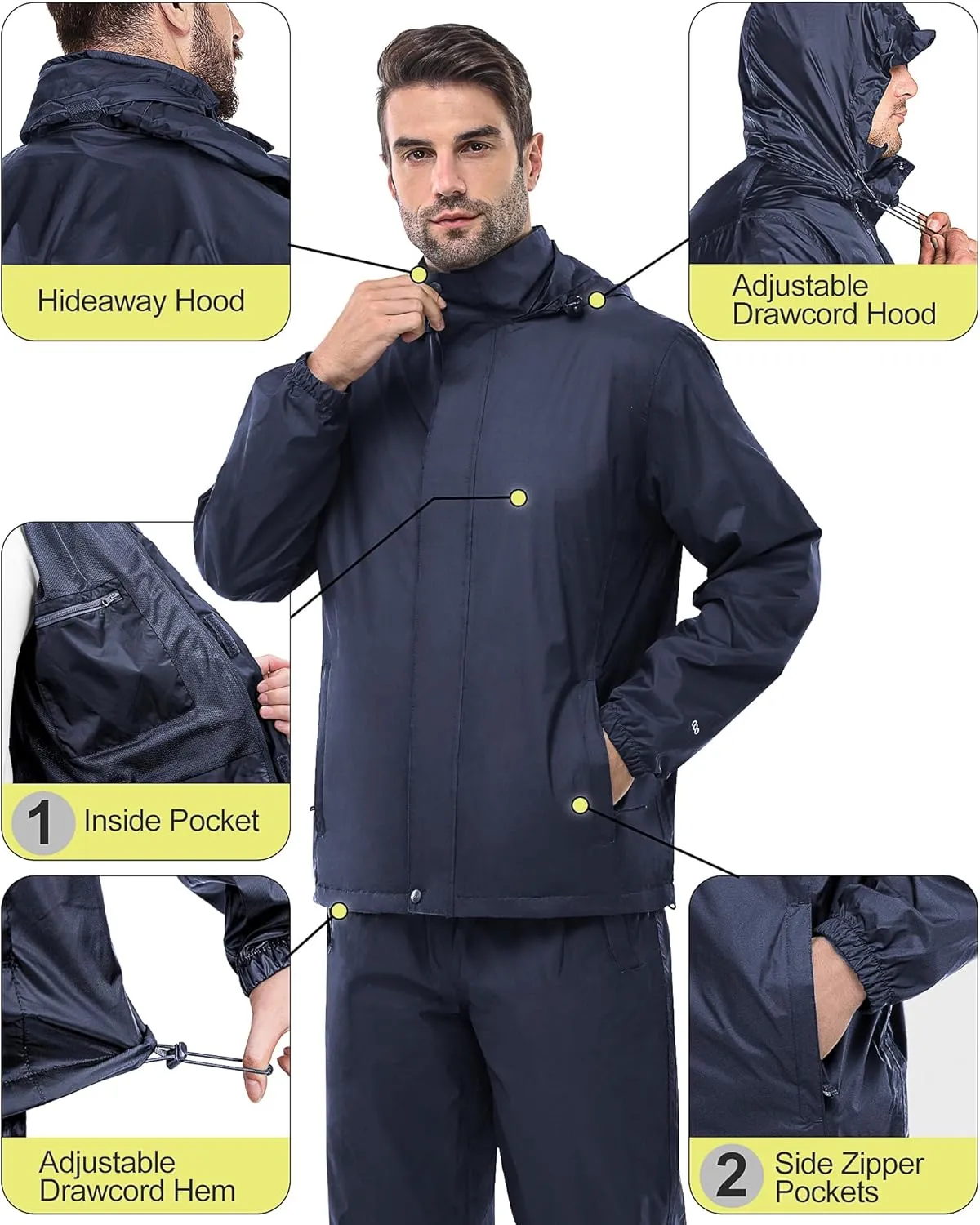 33,000ft Men's Rain Suit Packable Waterproof Lightweight Rain Gear for Golf Hiking Cycling 2 Pieces (Jackets and Pants)
