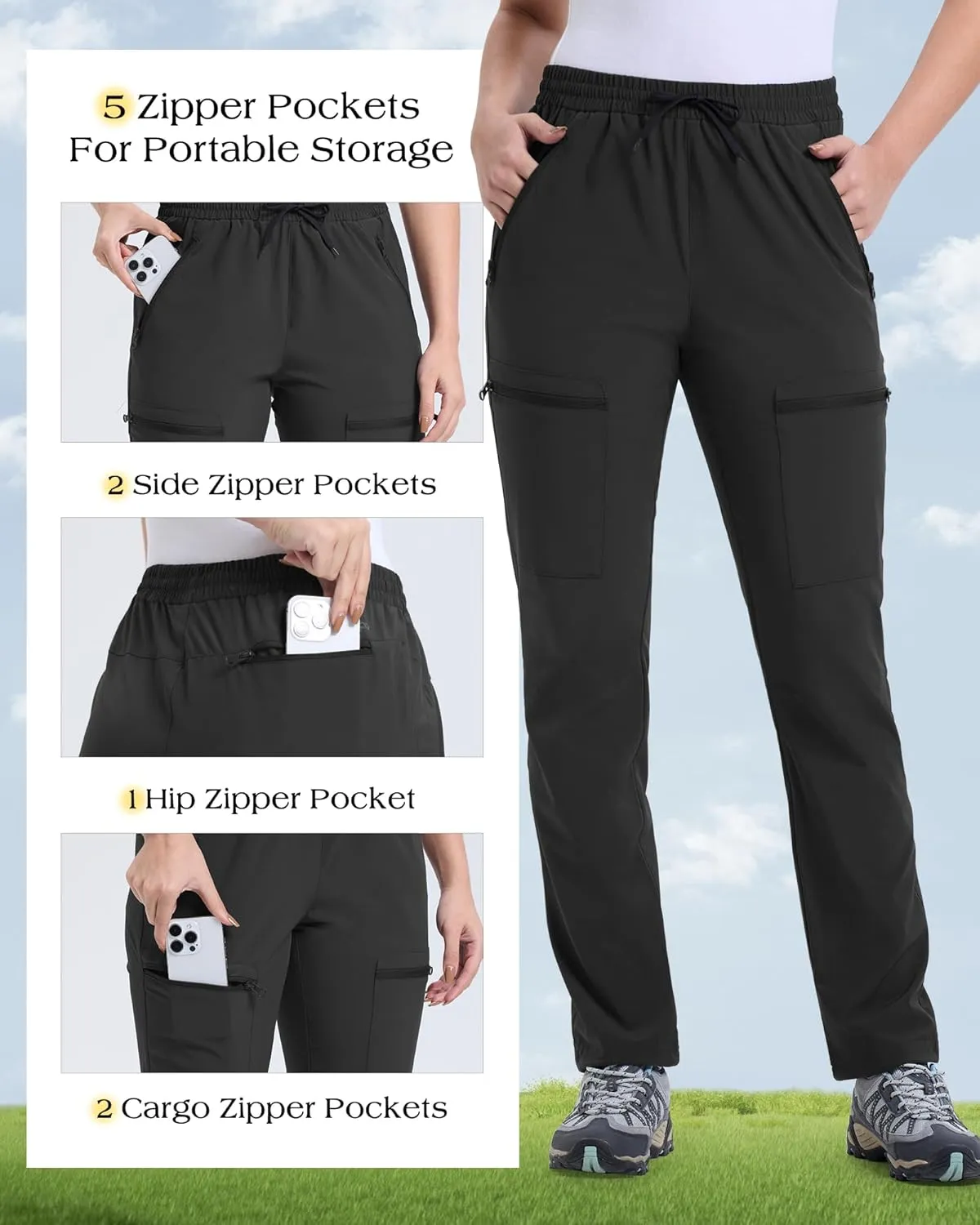 33,000ft Womens Golf Pants with 5 Zippered Pockets Quick Dry Lightweight Hiking Pants Elastic Waist Water-Resistant Outdoor