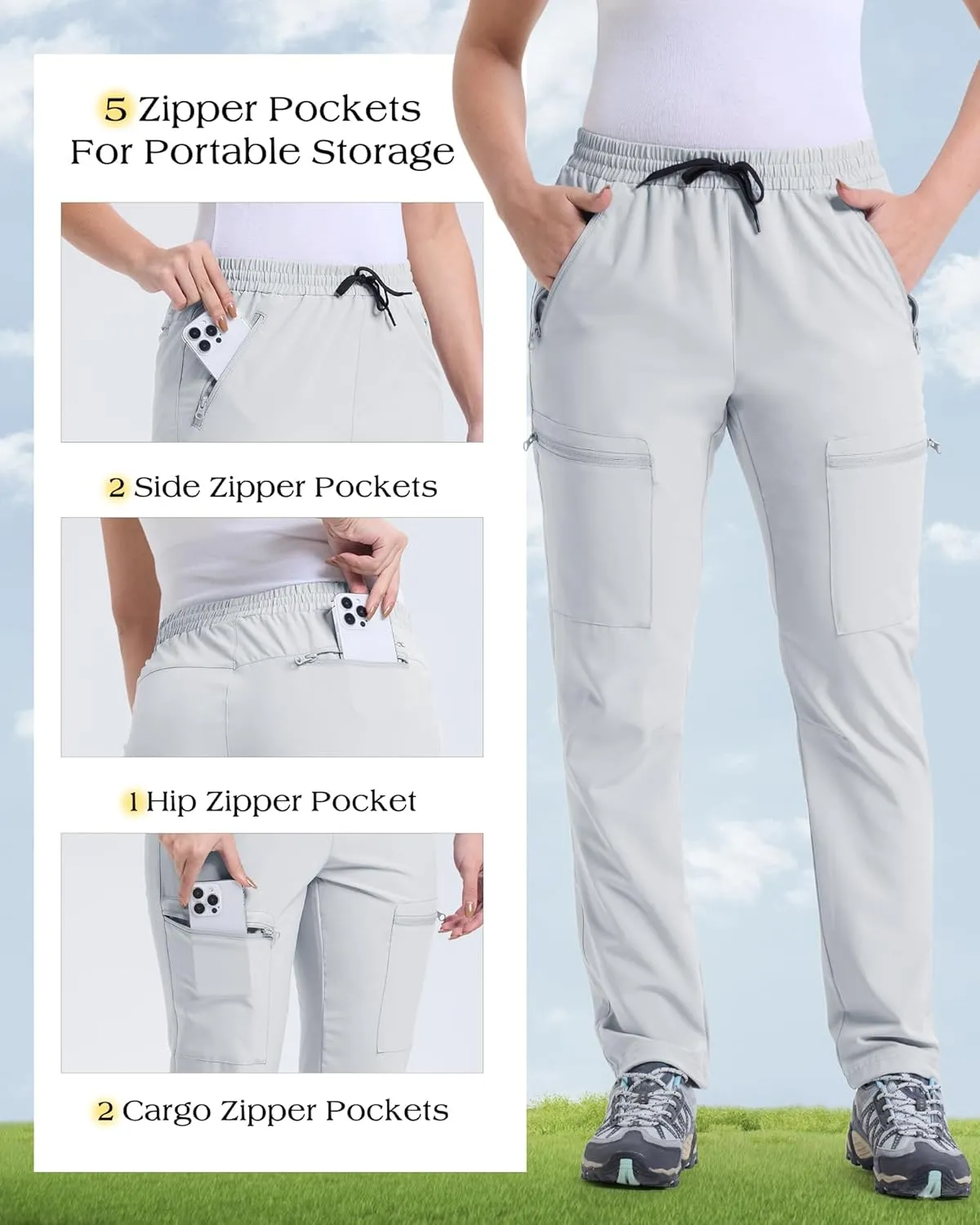 33,000ft Womens Golf Pants with 5 Zippered Pockets Quick Dry Lightweight Hiking Pants Elastic Waist Water-Resistant Outdoor