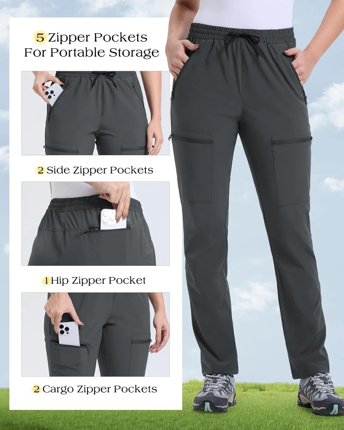 33,000ft Womens Golf Pants with 5 Zippered Pockets Quick Dry Lightweight Hiking Pants Elastic Waist Water-Resistant Outdoor