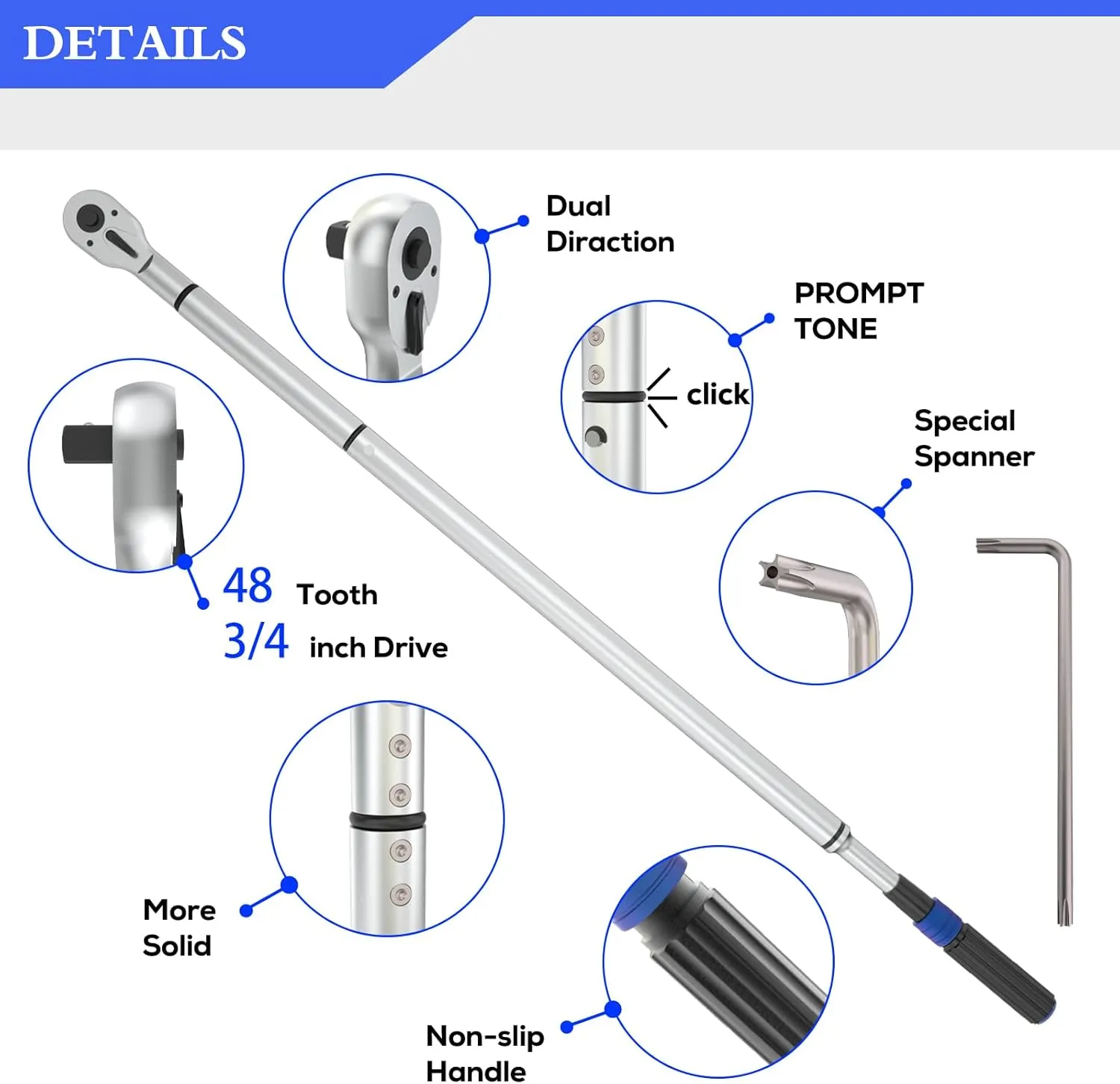 3/4 In. Drive Torque Wrench 100-600 ft. lb/135-815NM Torque Wrench, 48'' Length,Longer,Less Effort for Off-Road Equipment,Truck, CDI, Motor Homes & Drilling Platform