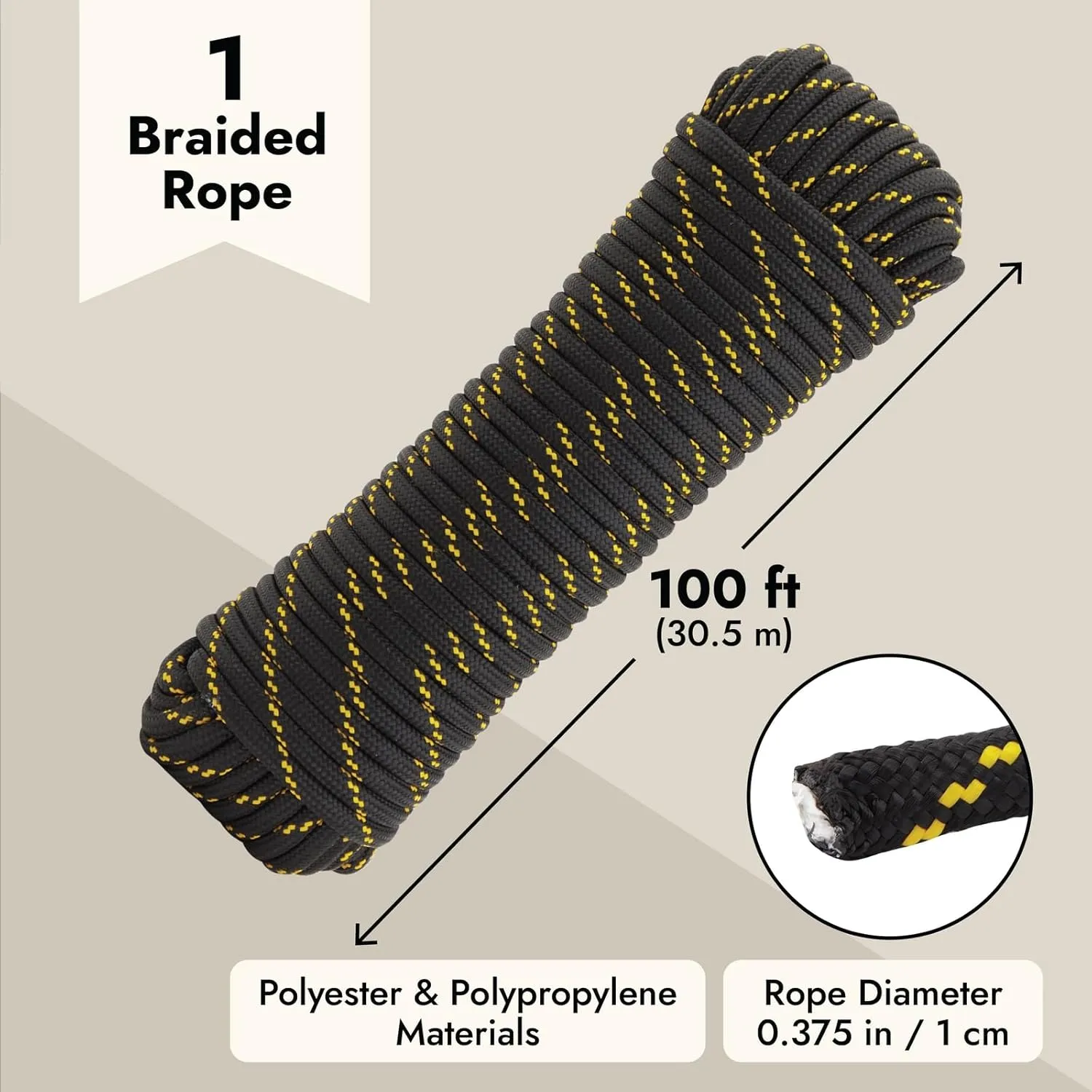 3/8 Inch x 100 Ft Diamond Braided Rope for Knot Tying Practice, Camping, Boats, Trailer Tie Down (Polyester)