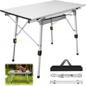 3ft Folding Outdoor Camping Kitchen Work Top Table, Trestle Table Garden Catering Heavy Duty Folding Table for Picnic Party Dinner, 2 Adjustable Height, Carry Handle, 90Lx52Wx45/68H CM, Sliver