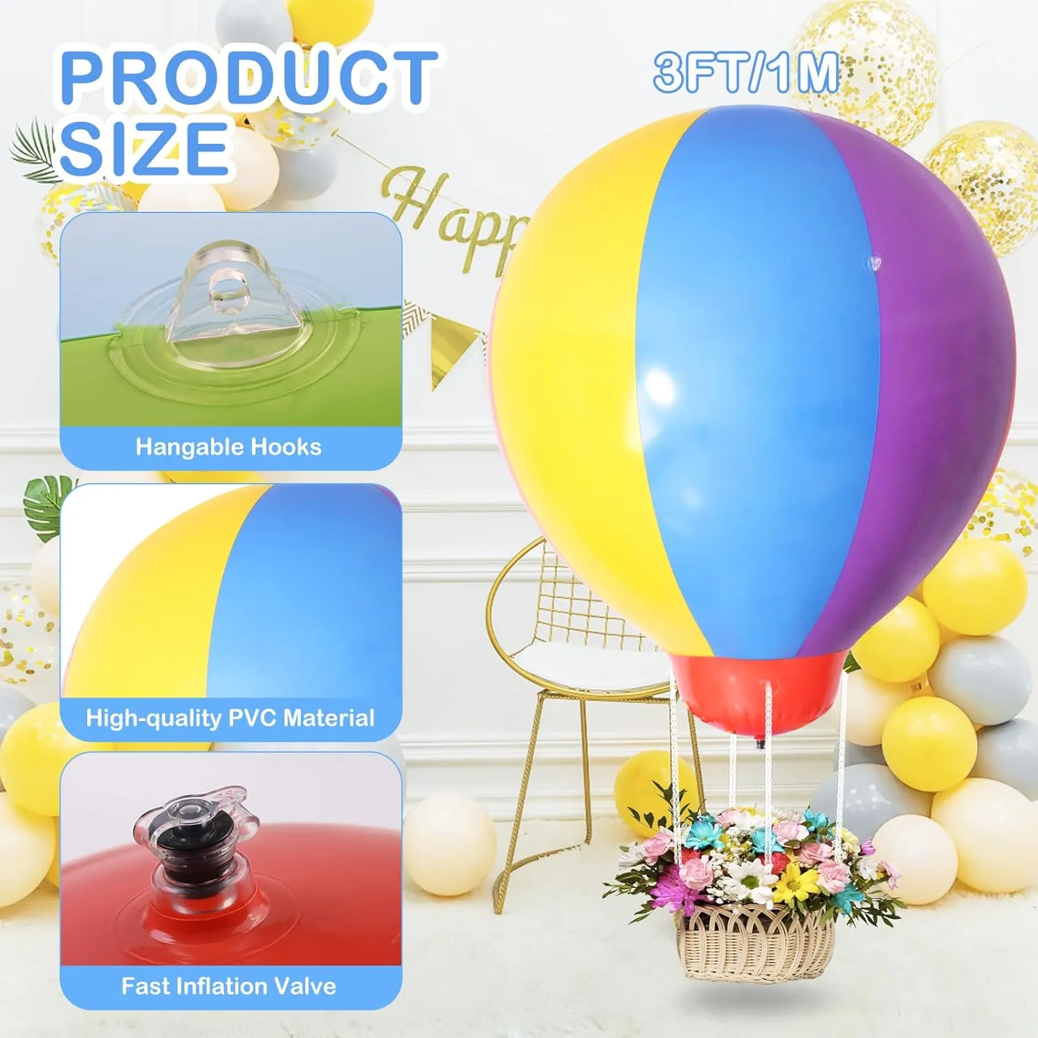 3FT Hot Air Balloon Decorations, Hanging Balloon for Girls Boys Baby, for Birthday Wedding Exhibitions, Coloured