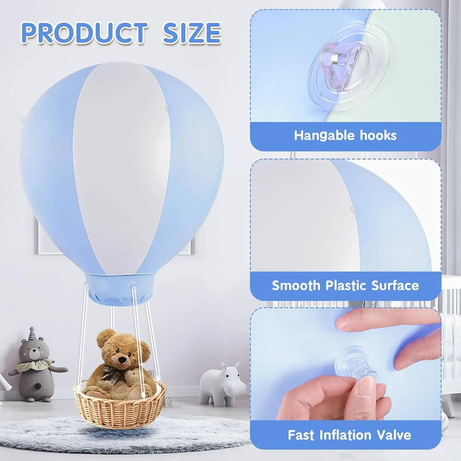 3FT Hot Air Balloon Decorations, Hot Air Balloon with Air Pump, Big Hot Air Balloon for Party, Hanging Balloon for Girls Boys Baby, for Birthday Wedding Exhibitions, Blue