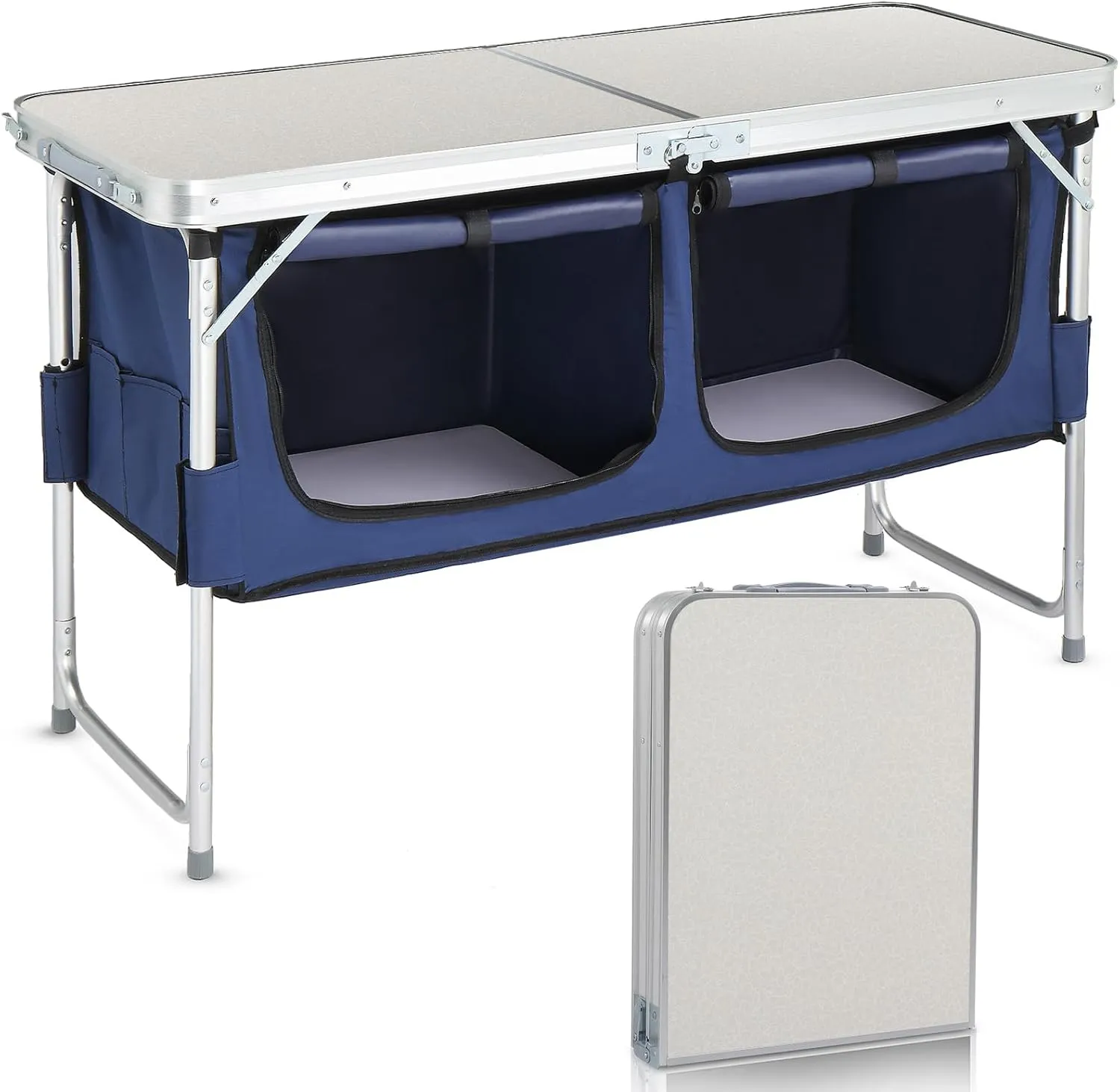 4 Ft Folding Camping Table with Storage, Aluminum Picnic Table, Adjustable Height for Outdoor Beach BBQ Backyards Travel Party (White)