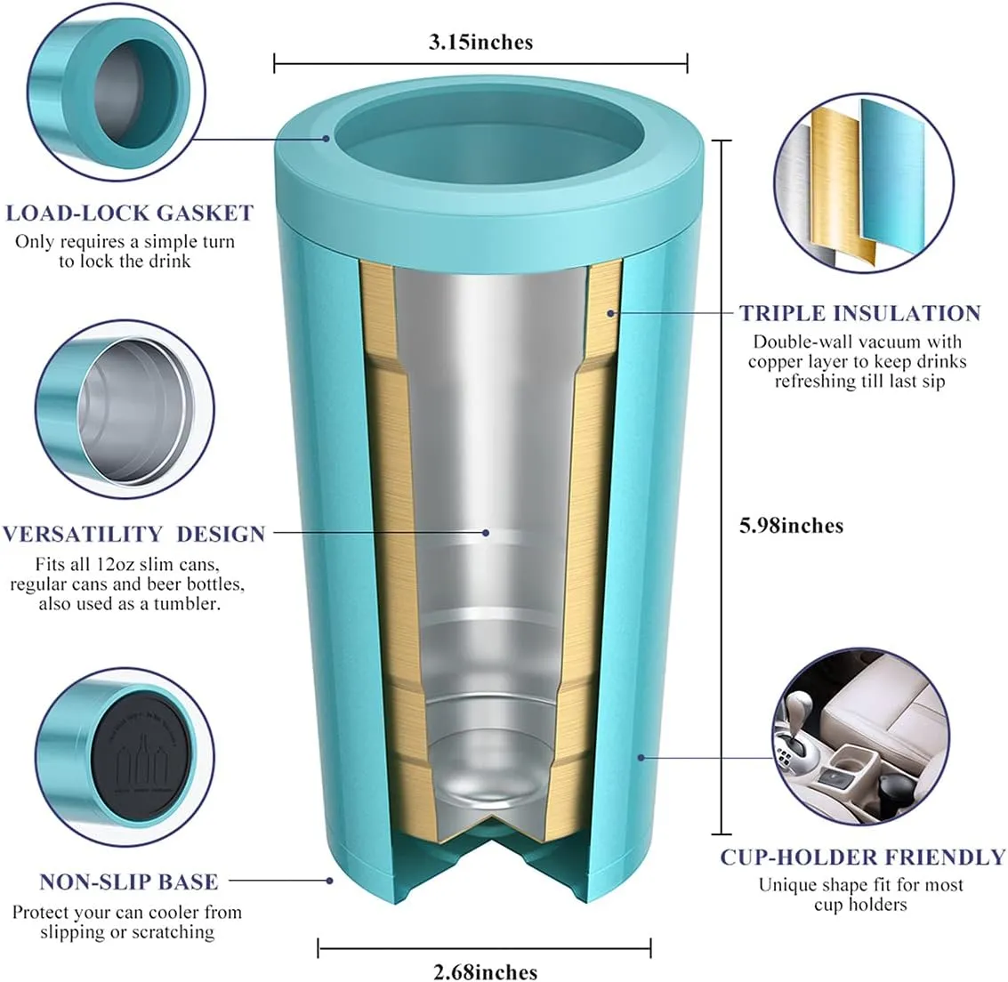 4 in 1 Insulated Slim Can Cooler for 12 OZ Cans and Beer Bottle - Keep 8 Hours Cold, Easy to Hold - Stainless Steel Can Holder, Double Walled Can Insulator for Hard Seltzer and More (Aqua)