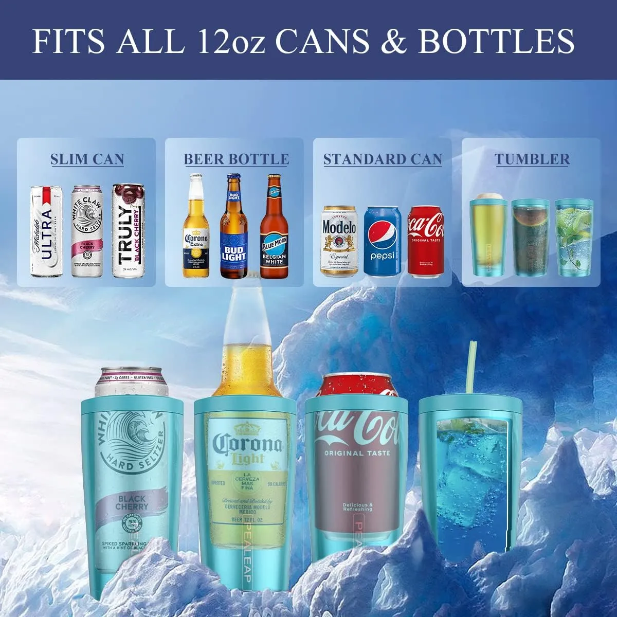 4 in 1 Insulated Slim Can Cooler for 12 OZ Cans and Beer Bottle - Keep 8 Hours Cold, Easy to Hold - Stainless Steel Can Holder, Double Walled Can Insulator for Hard Seltzer and More (Aqua)