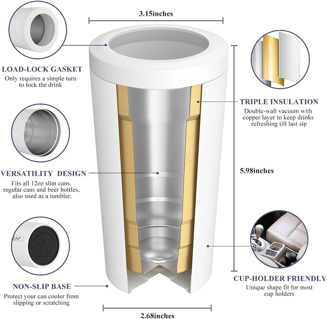 4 in 1 Insulated Slim Can Cooler for 12 OZ Cans and Beer Bottle - Keep 8 Hours Cold, Easy to Hold - Stainless Steel Can Holder, Double Walled Can Insulator for Hard Seltzer and More (Snow White)