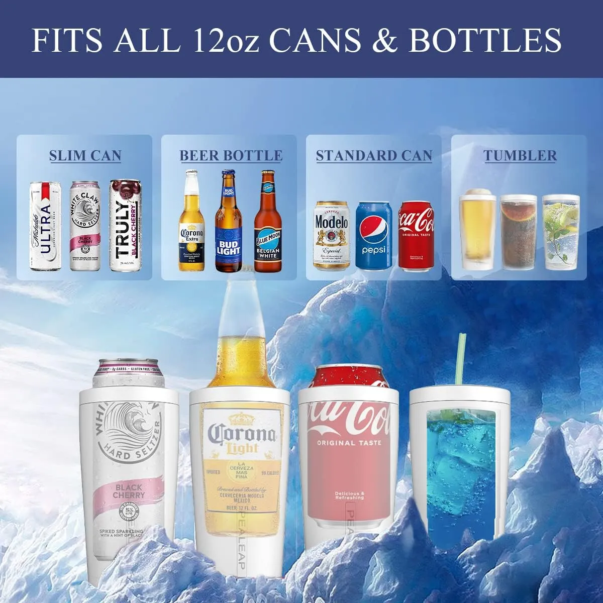 4 in 1 Insulated Slim Can Cooler for 12 OZ Cans and Beer Bottle - Keep 8 Hours Cold, Easy to Hold - Stainless Steel Can Holder, Double Walled Can Insulator for Hard Seltzer and More (Snow White)