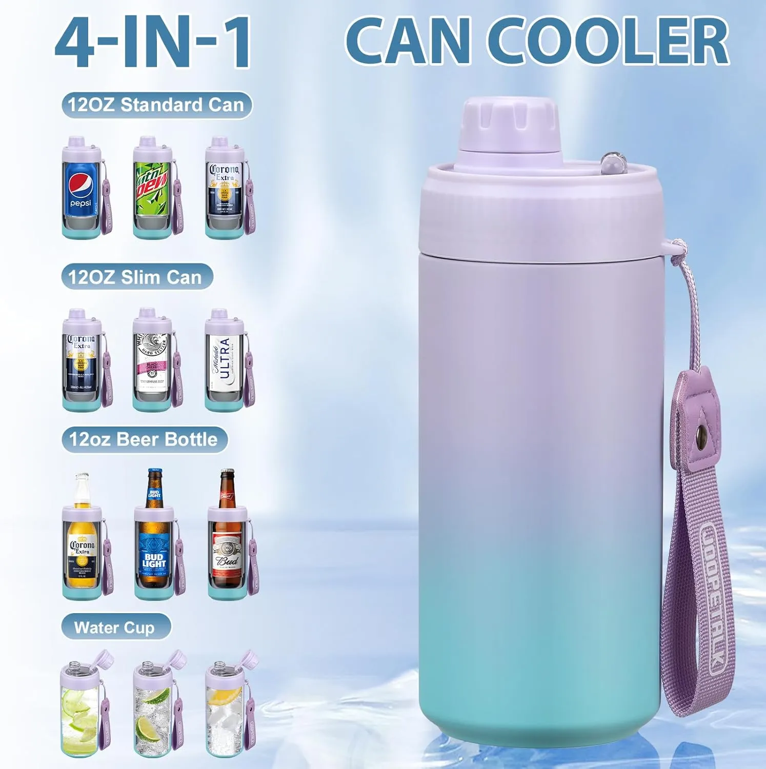 4-in-1 Universal Can Cooler Fits 12 Oz Standard, Slim Cans and Bottles   100% Leak Proof Water Bottle with Lid | Insulated for Beer, Soda, and Energy Drinks, Dishwasher Safe