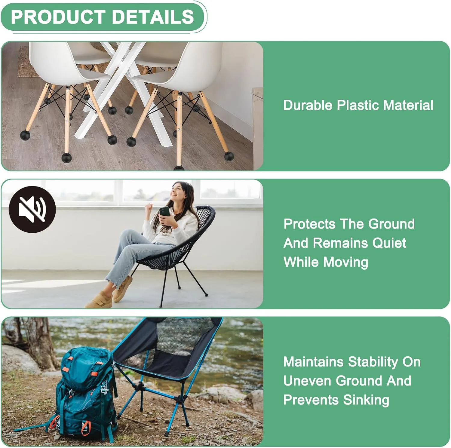 4-Pack Camping Chair Foot Pads, 15mm Plastic Anti-Sinking Folding Camp Chair Replacement Feet for Fishing/Hiking/Picnic/Hardwood Floors/Tile/Outdoor Chair Leg Caps [Black]