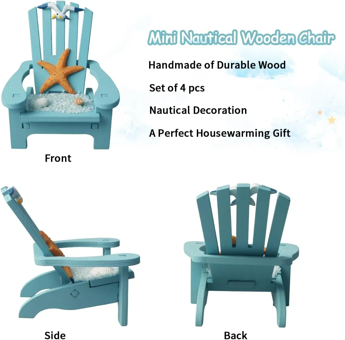 4 Pack Wooden Handmade Mini Chair Ornament Beach Decor Nautical Decoration for Bathroom Bedroom Decor Home Decor Article Home Office Desk, 4 x 3.75 x 3.75 inches (Blue)