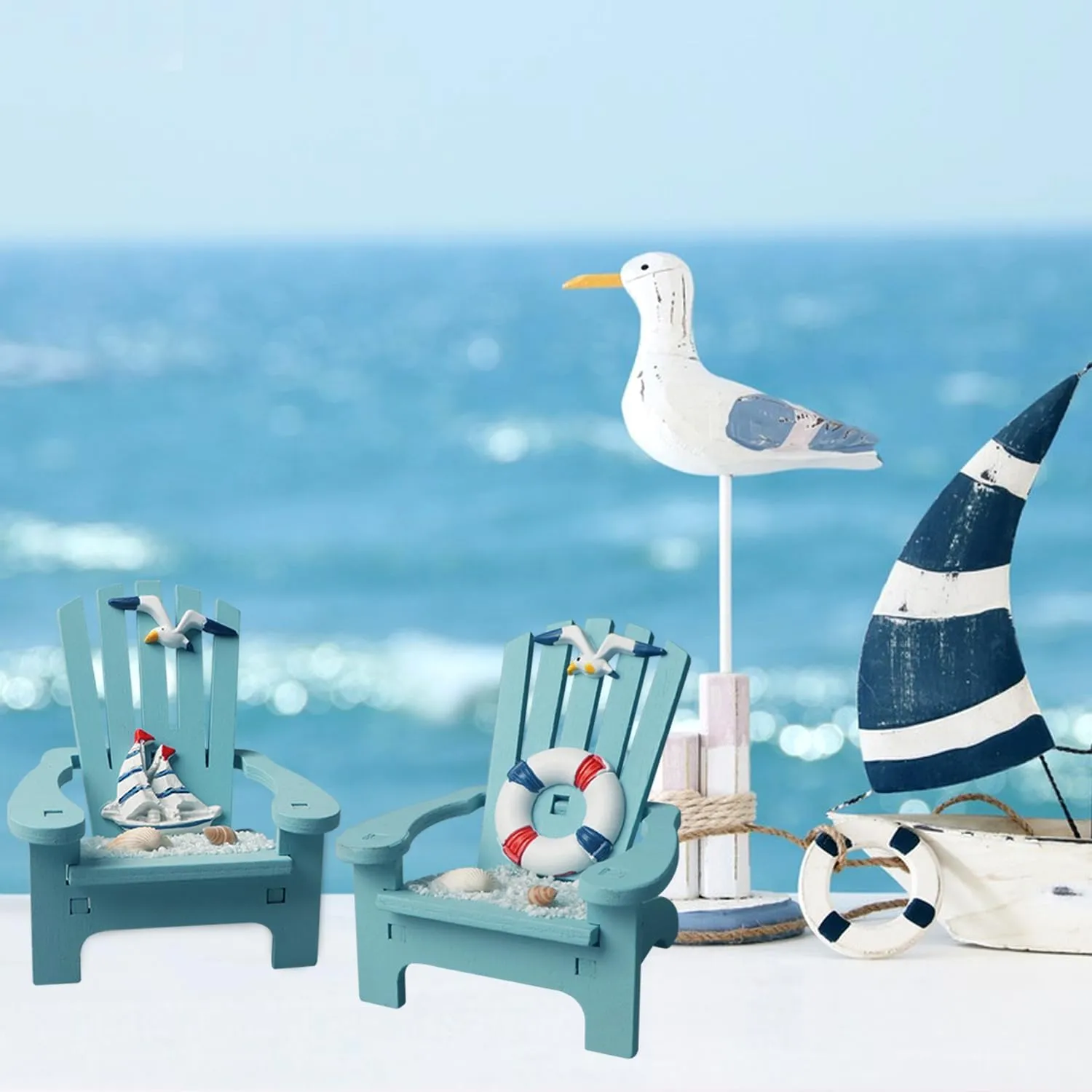 4 Pack Wooden Handmade Mini Chair Ornament Beach Decor Nautical Decoration for Bathroom Bedroom Decor Home Decor Article Home Office Desk, 4 x 3.75 x 3.75 inches (Blue)