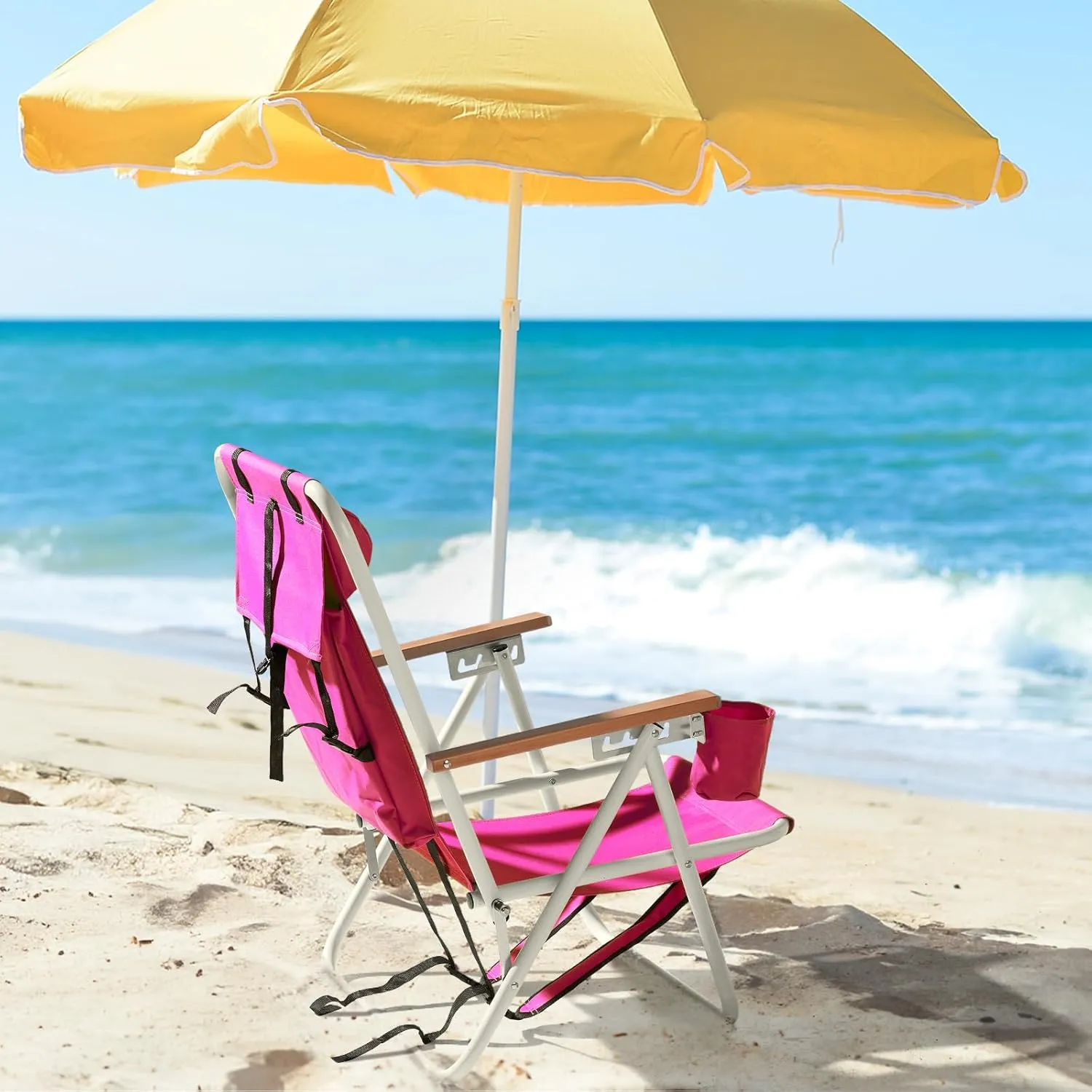 4-Position Folding Backpack Beach Chair with Headrest & Cup Holder - 2 Pack Portable Camping Chair with Wooden Armrests, 330LB Capacity & Adjustable Recline - Lightweight & Compact, Pink