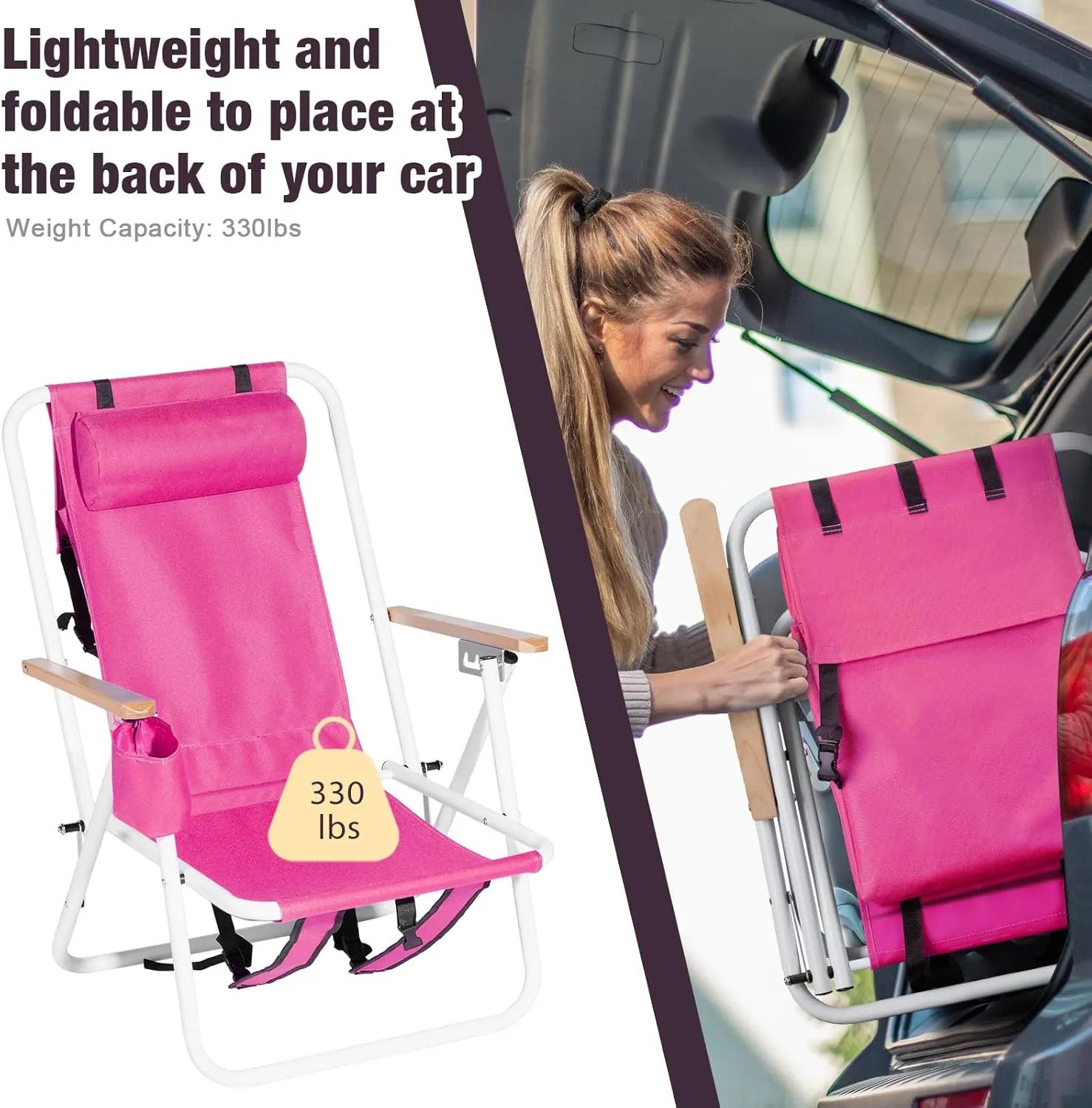 4-Position Folding Backpack Beach Chair with Headrest & Cup Holder - 2 Pack Portable Camping Chair with Wooden Armrests, 330LB Capacity & Adjustable Recline - Lightweight & Compact, Pink