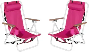 4-Position Folding Backpack Beach Chair with Headrest & Cup Holder - 2 Pack Portable Camping Chair with Wooden Armrests, 330LB Capacity & Adjustable Recline - Lightweight & Compact, Pink