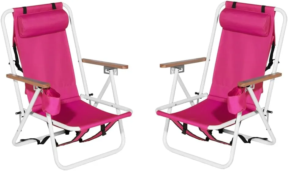 4-Position Folding Backpack Beach Chair with Headrest & Cup Holder - 2 Pack Portable Camping Chair with Wooden Armrests, 330LB Capacity & Adjustable Recline - Lightweight & Compact, Pink
