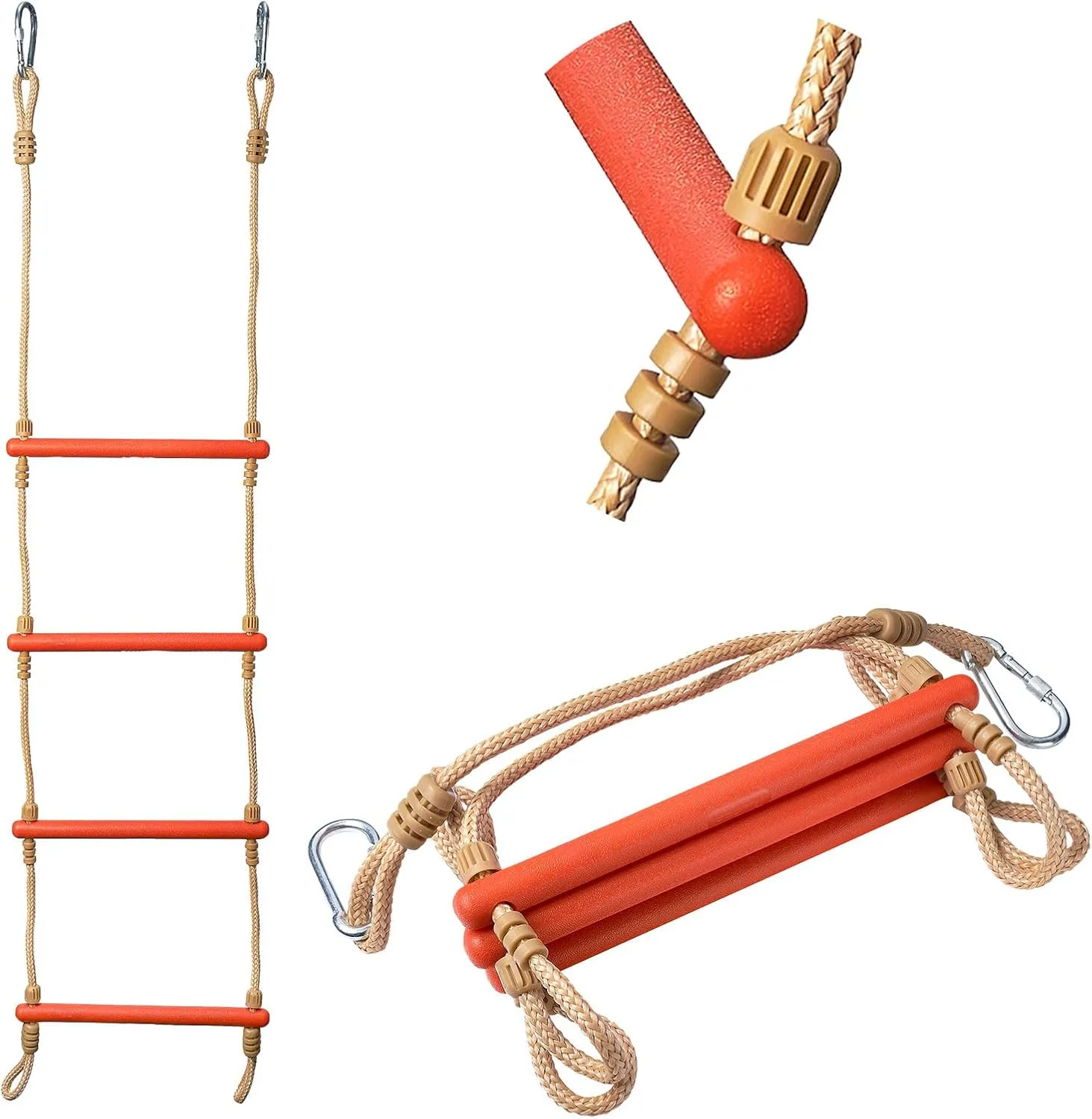 4 Step Boat Rope Ladder, Heavy Duty Climbing Rope, 440 Lbs Strength, 14"" Long Solid PP Ladder Bar, Outdoor Ladder, Orange