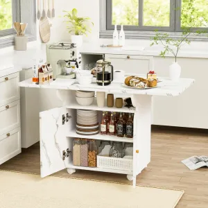 47" Folding Dining Table with Storage & Lockable Casters，Multi-Functional White Marble Kitchen Island Side Table Coffee Table for Dining Room Living Room