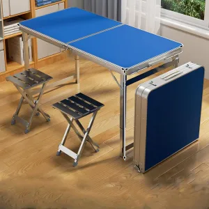 4Ft Folding Camping Picnic Table with Seats,That Lightweight and Fold Up Card Suitcase Table Aluminum Alloy Frame, for Cooking, Beach, Picnic, Travel,Blue,2 Aluminum stools