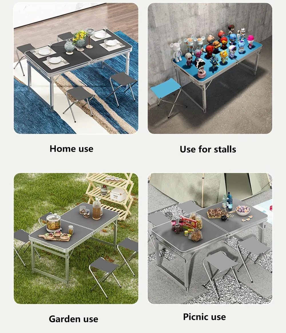 4Ft Folding Camping Picnic Table with Seats,That Lightweight and Fold Up Card Suitcase Table Aluminum Alloy Frame, for Cooking, Beach, Picnic, Travel,Blue,2 Aluminum stools