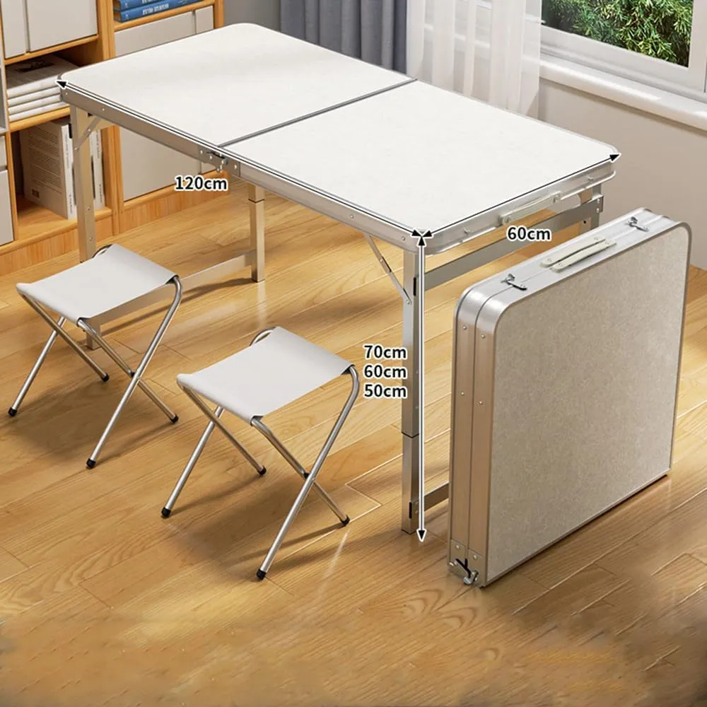 4Ft Folding Camping Picnic Table with Seats,That Lightweight and Fold Up Card Suitcase Table Aluminum Alloy Frame, for Cooking, Beach, Picnic, Travel,Blue,2 Aluminum stools
