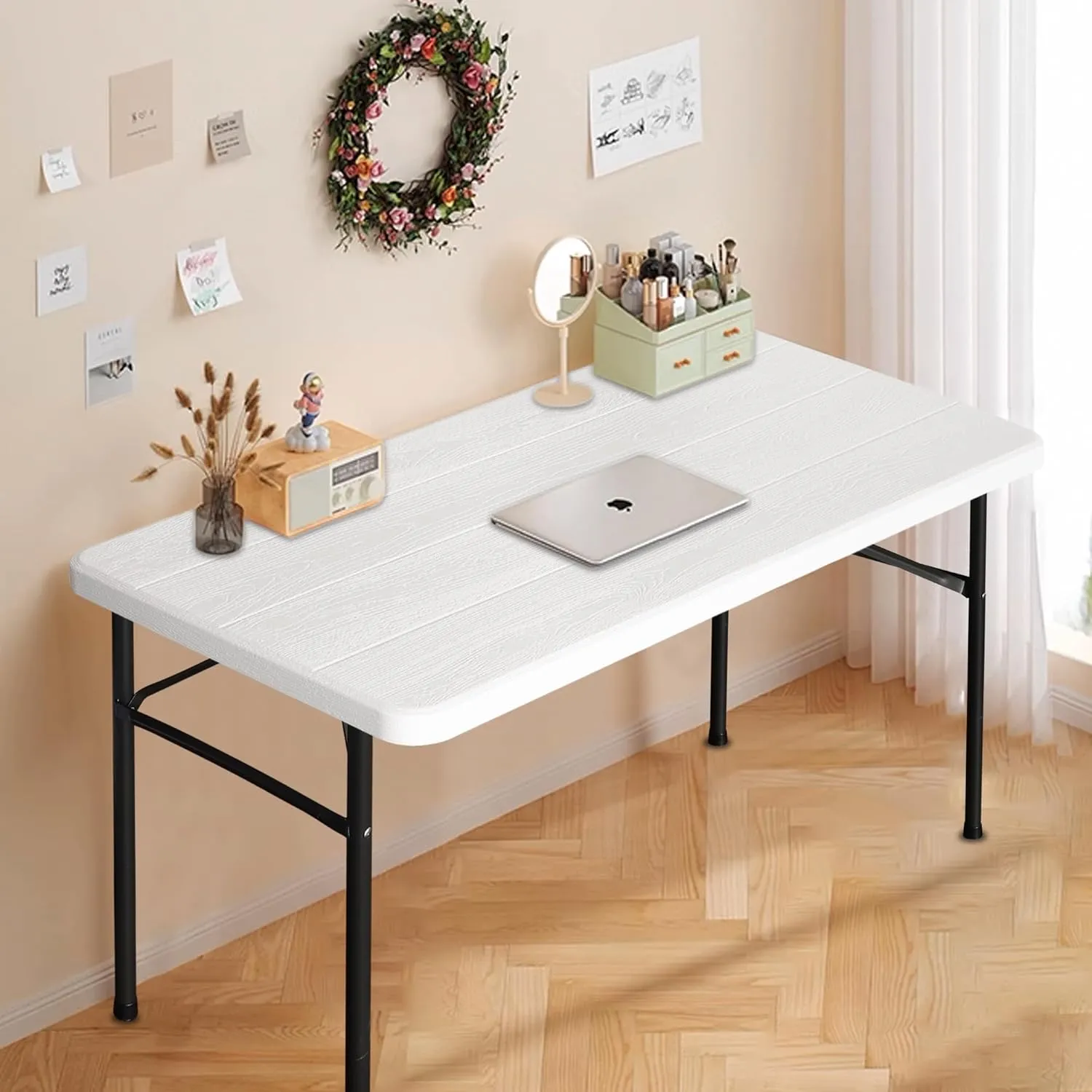 4Ft Plastic White Wooden Grain Folding Table, Indoor Outdoor Portable Heavy Duty Table of Fix Super Solid Steel Leg, Kitchen or Camping Barbecues Picnic Party Table, White Wooden