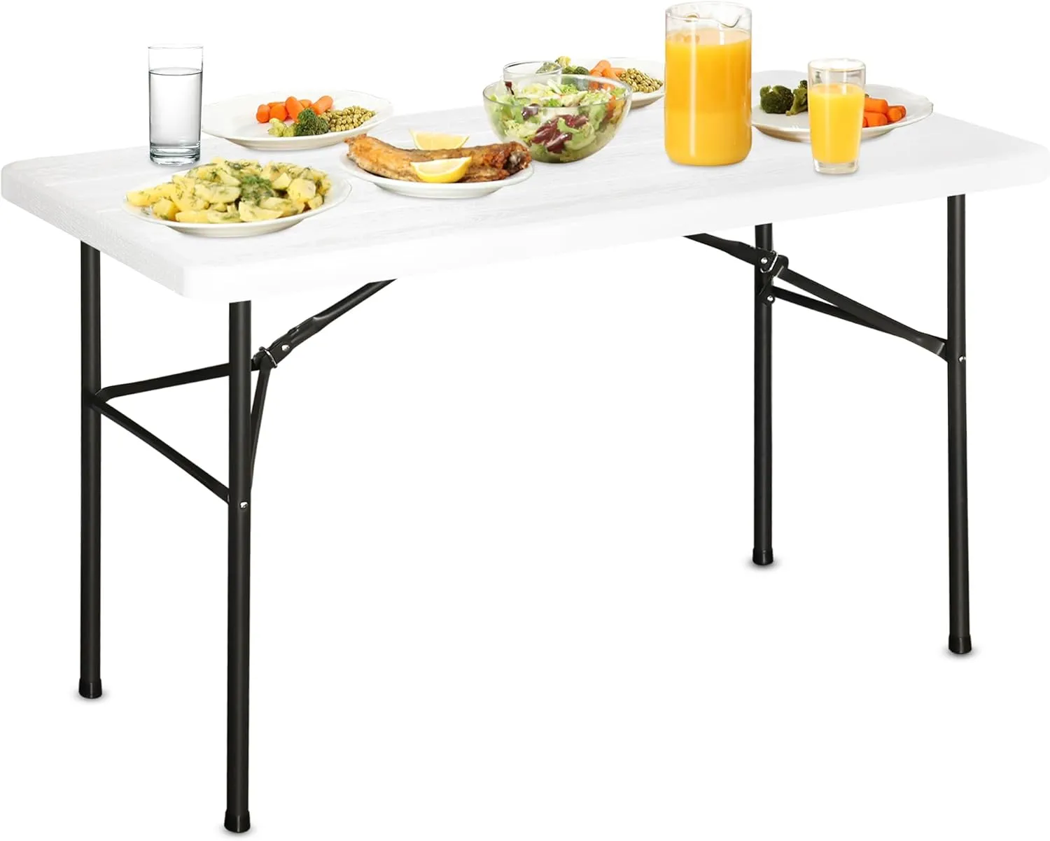 4Ft Plastic White Wooden Grain Folding Table, Indoor Outdoor Portable Heavy Duty Table of Fix Super Solid Steel Leg, Kitchen or Camping Barbecues Picnic Party Table, White Wooden