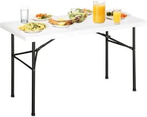 4Ft Plastic White Wooden Grain Folding Table, Indoor Outdoor Portable Heavy Duty Table of Fix Super Solid Steel Leg, Kitchen or Camping Barbecues Picnic Party Table, White Wooden
