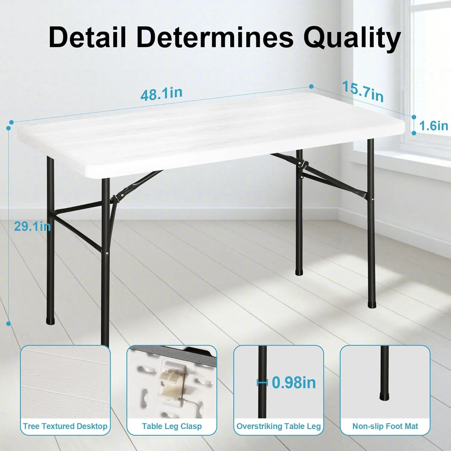 4Ft Plastic White Wooden Grain Folding Table, Indoor Outdoor Portable Heavy Duty Table of Fix Super Solid Steel Leg, Kitchen or Camping Barbecues Picnic Party Table, White Wooden